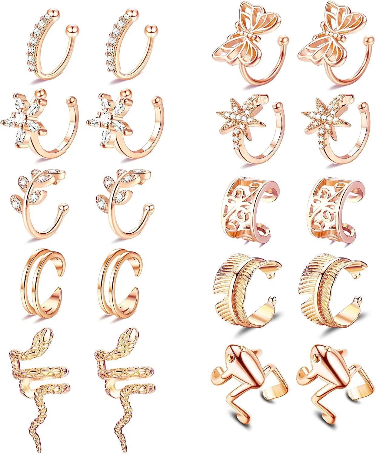 10 Pairs Cuff Earrings for Women Non Piercing Clip on Cartilage Earrings Gold Plated CZ Ear Cuff Earrings Snake Frog Butterfly Fake Earrings Set - Grocery