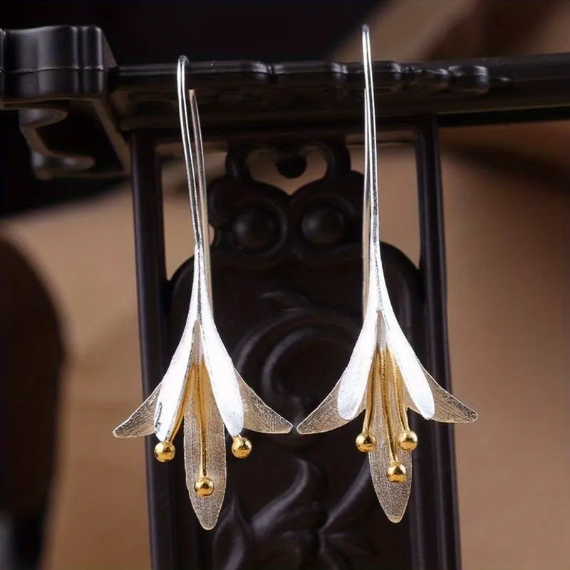 Female Fashion Vintage Blooming Flowers Plated Gold Two Tone 925 Silver Plated Dangle Hanging Engagement Jewelry Earrings - Grocery