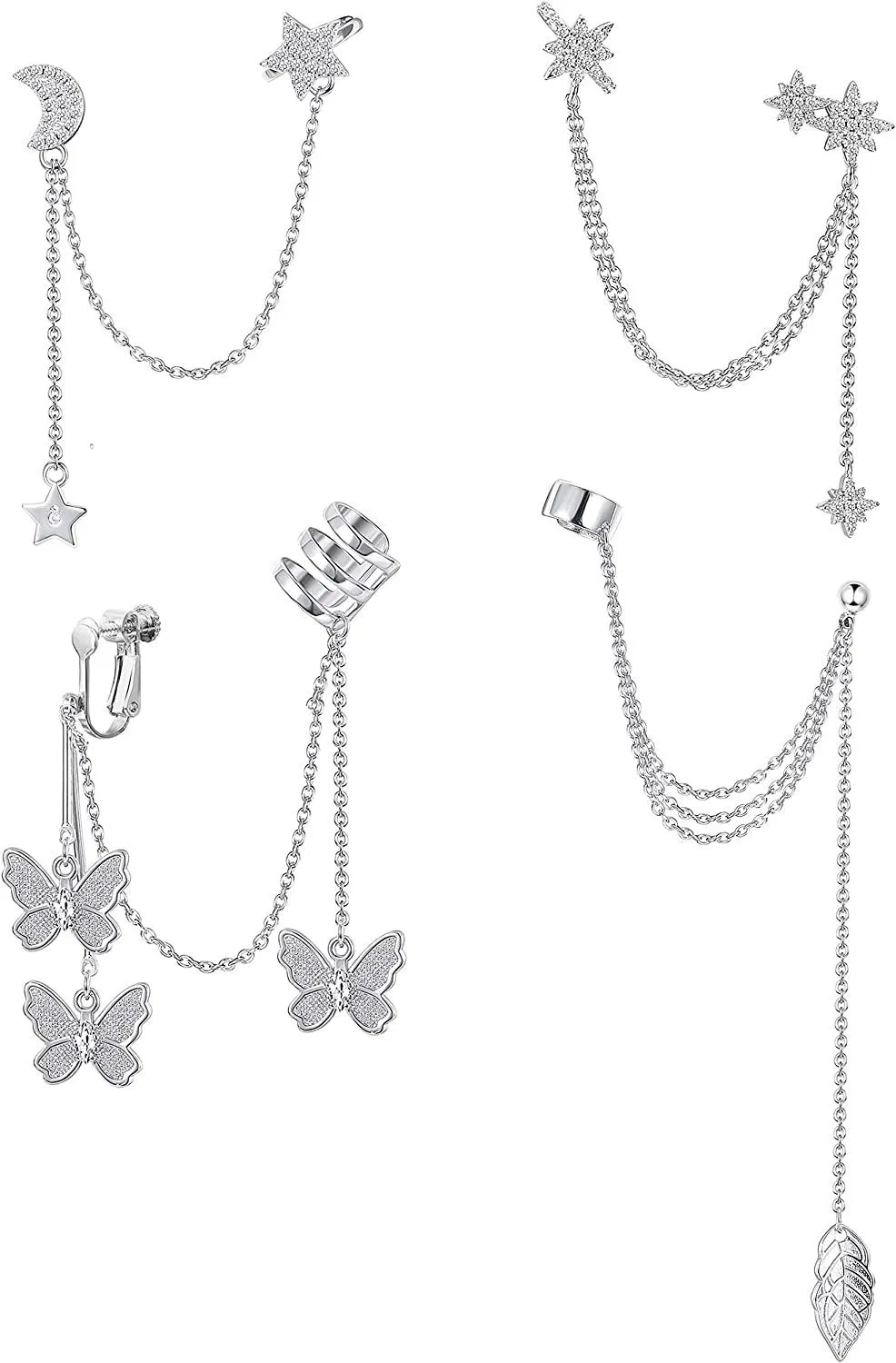 4Pcs Moon Star Cuff Earring Chain for Women Leaf Ear Studs Butterfly Wrap Clip on Earring Crawler Dangling Chain Earrings - Grocery