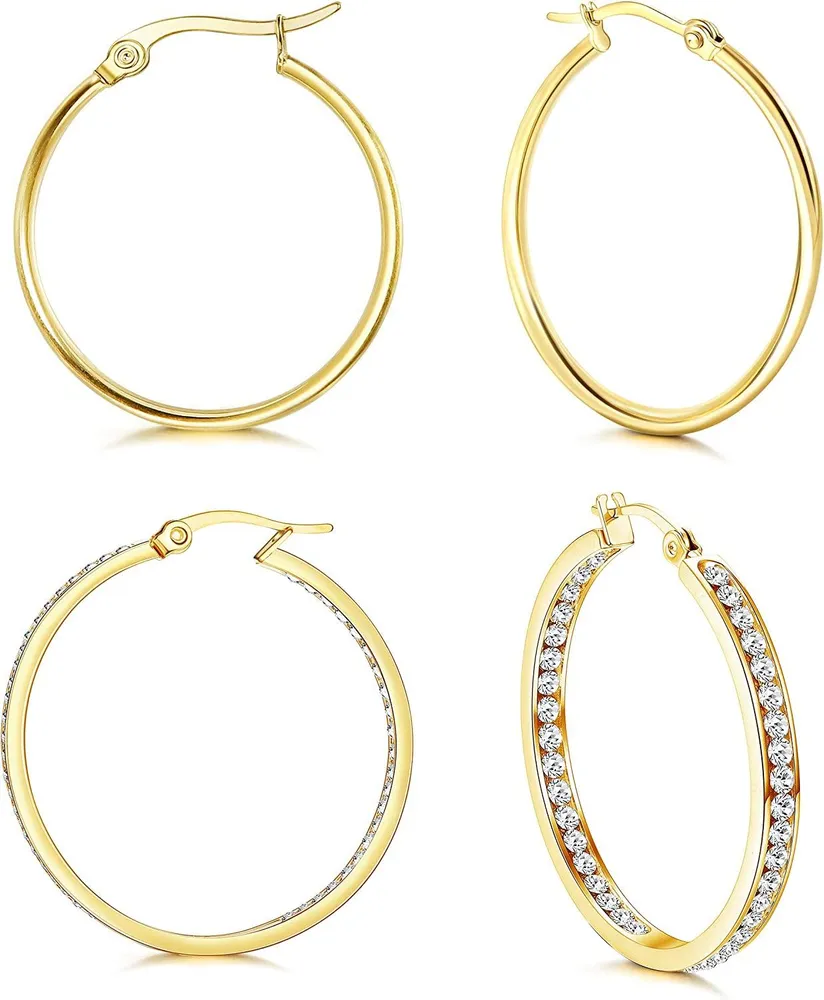 2 Pairs Stainless Gold Sliver Plated Hoop Earrings For Women Men Cute Small Huggie Earrings Big Click-Top CZ Hoop Earrings Set; 15MM 20MM 30MM 40MM 50MM - Grocery