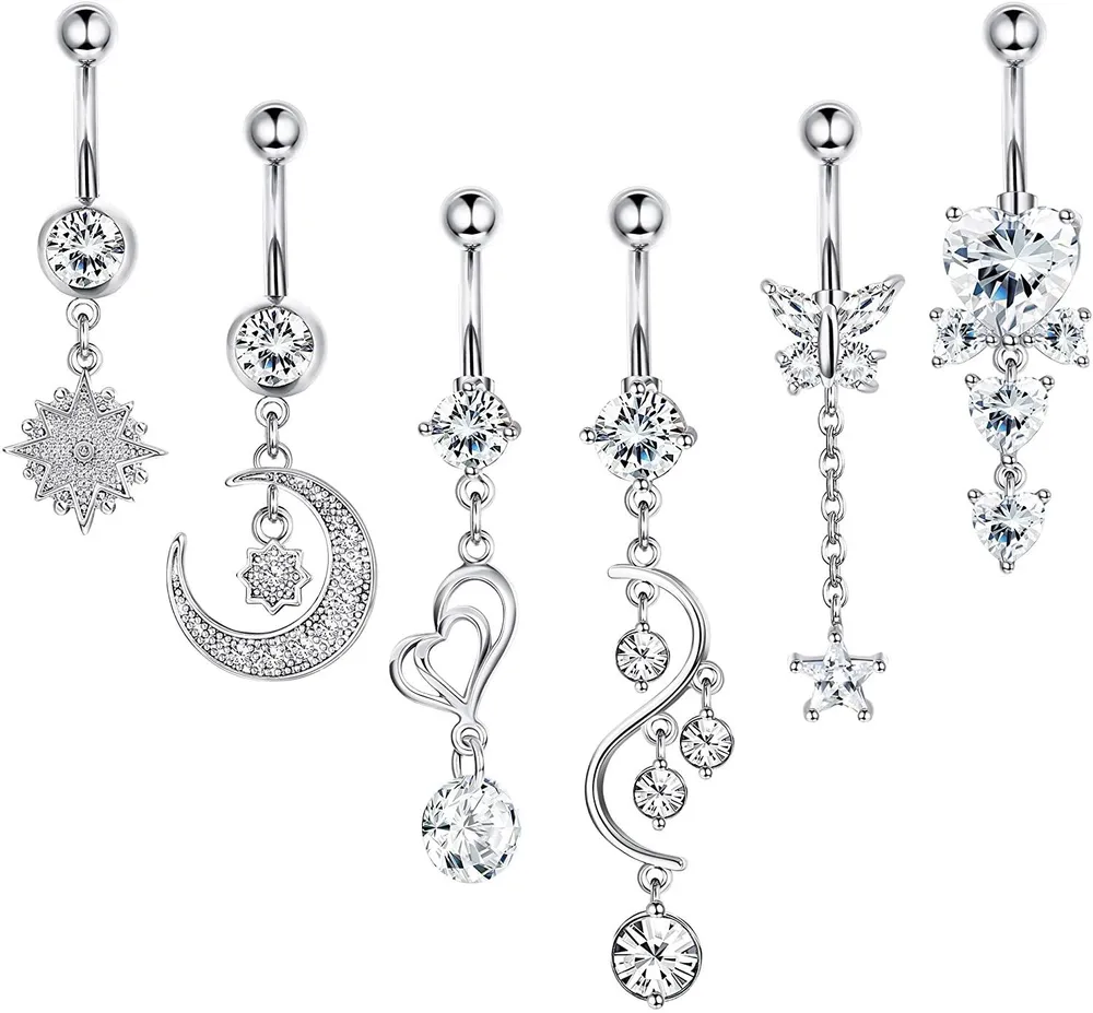 6Pcs 14G Belly Button Rings Dangle for Women Surgical Steel Navel Rings Body Piercing Jewelry - Grocery