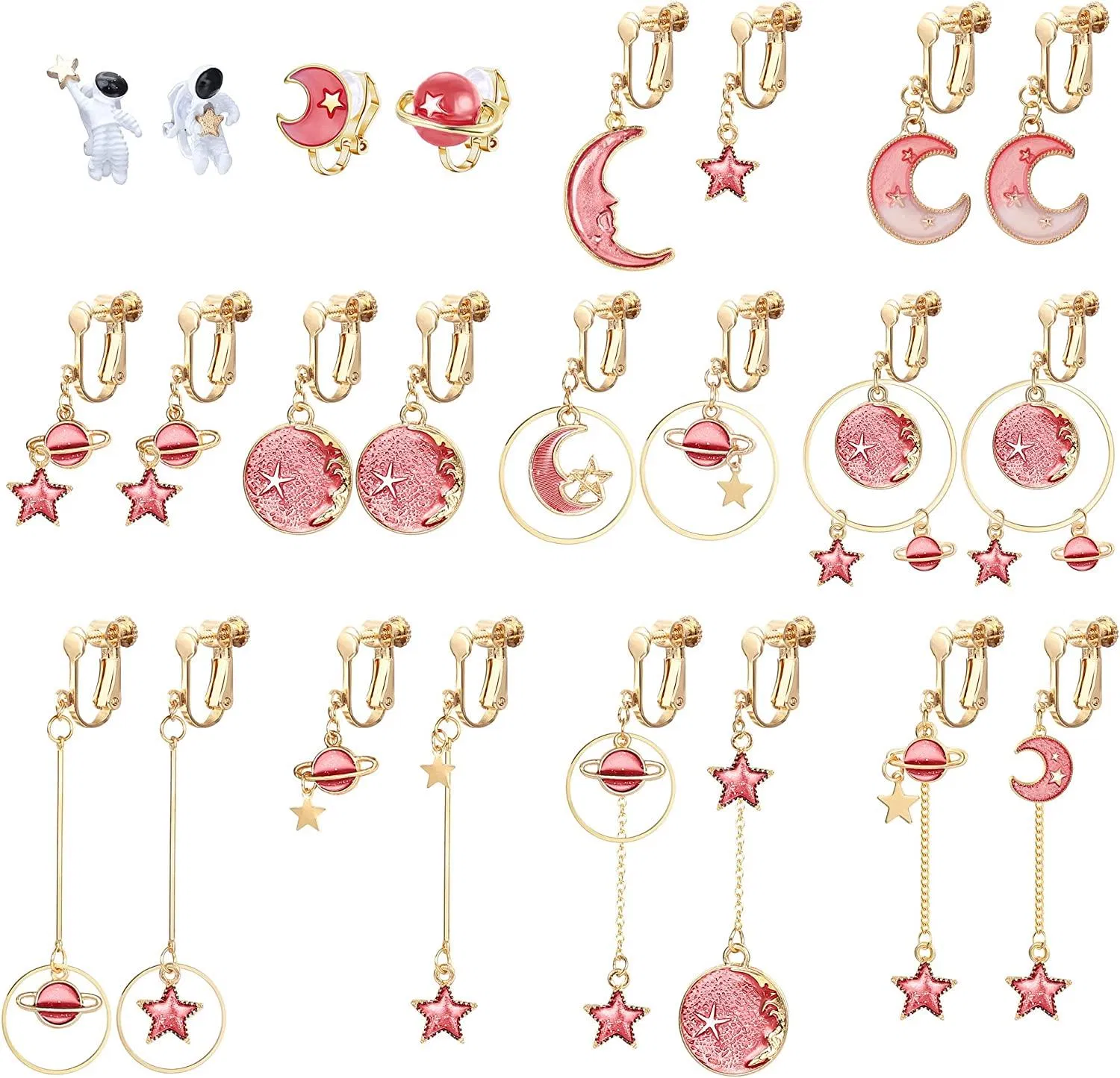 12Pairs Clip On Earrings for Women Dangle Star Moon Earrings Aesthetic Weird Saturn Earring Non Pierced Ear Clip Set - Grocery