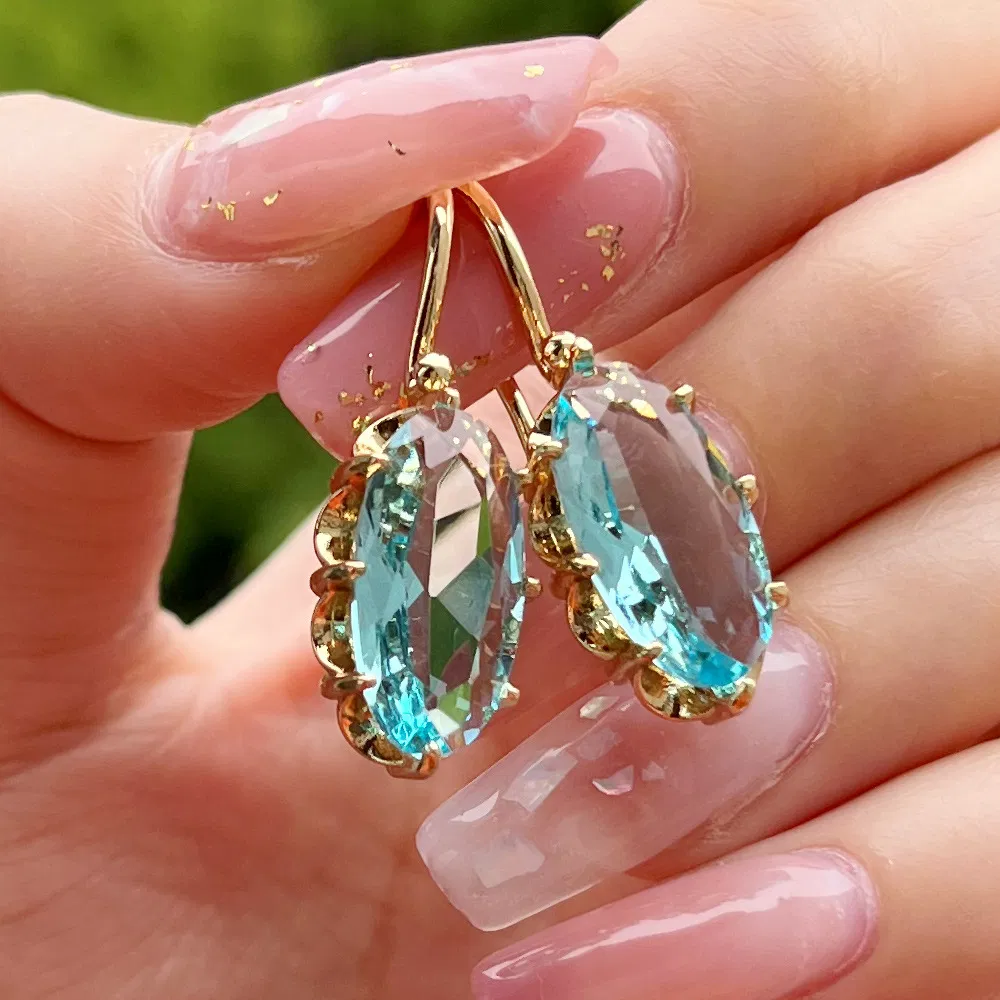 18K Gold Plated Chic Bridal Wedding Dangle Earrings Oval Faux Gemstone Earrings Women's Jewelry Gifts - Grocery