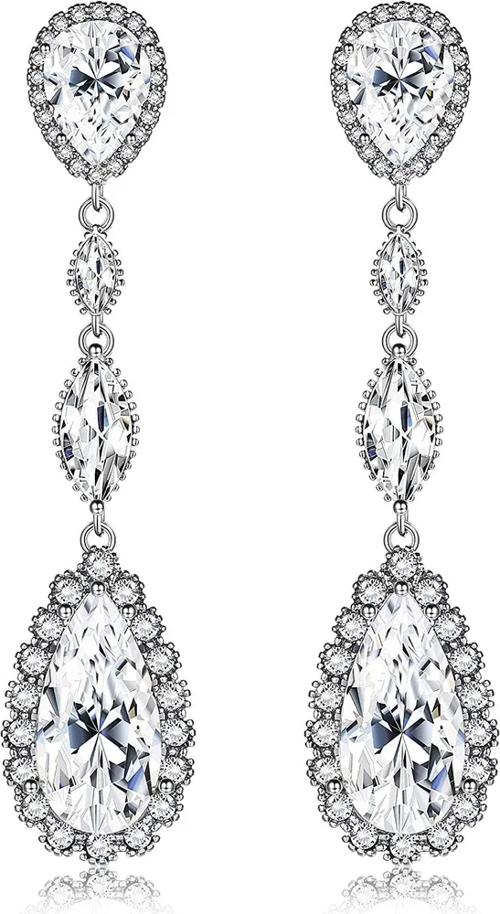 White Gold Plated Wedding Dangle Earrings for Brides Birdesmaid Crystal Cubic Zirconia Long Drop Bridal Earrings for Women Prom - Grocery