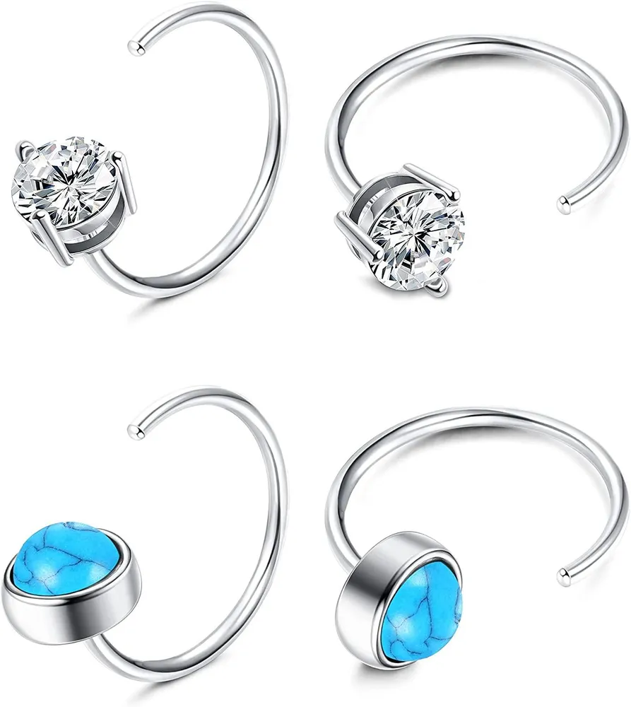 2 Pairs 925 Sterling Silver Half Hoops Earrings Opal Ball Star Dot Small Hoop Earrings Huggie Cartilage Earrings Hug Tiny Hoop Earrings for Women Men - Grocery