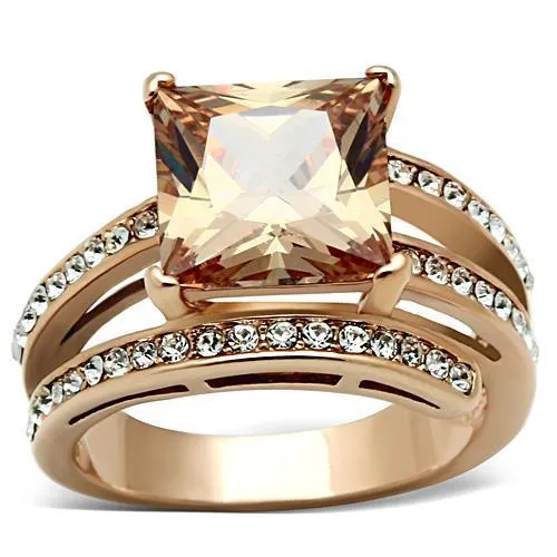 TK1665 - IP Rose Gold(Ion Plating) Stainless Steel Ring with AAA Grade CZ in Champagne - Grocery