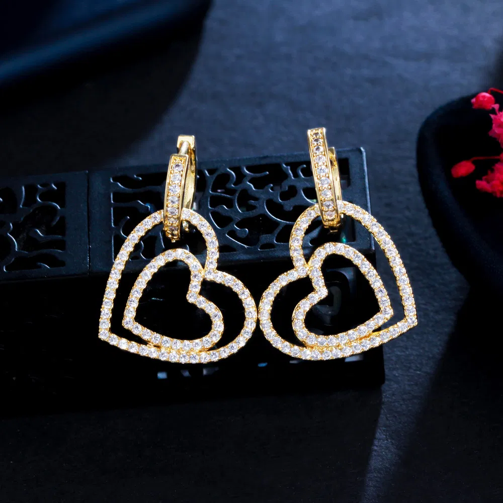 Double Love Earrings Micro Inlaid Zircon Double Stack Heart-shaped Sweet Eardrop Buckle - Grocery