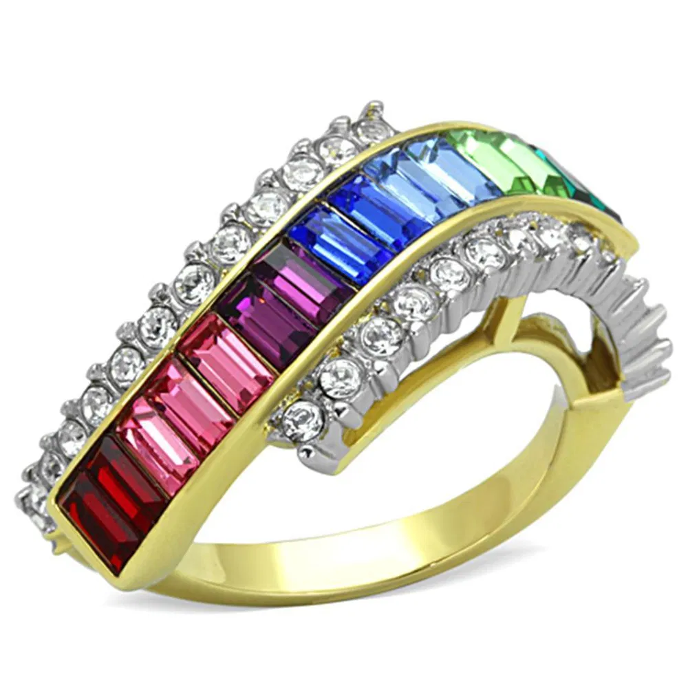 TK1575 - Two-Tone IP Gold (Ion Plating) Stainless Steel Ring with Top Grade Crystal in Multi Color - Grocery