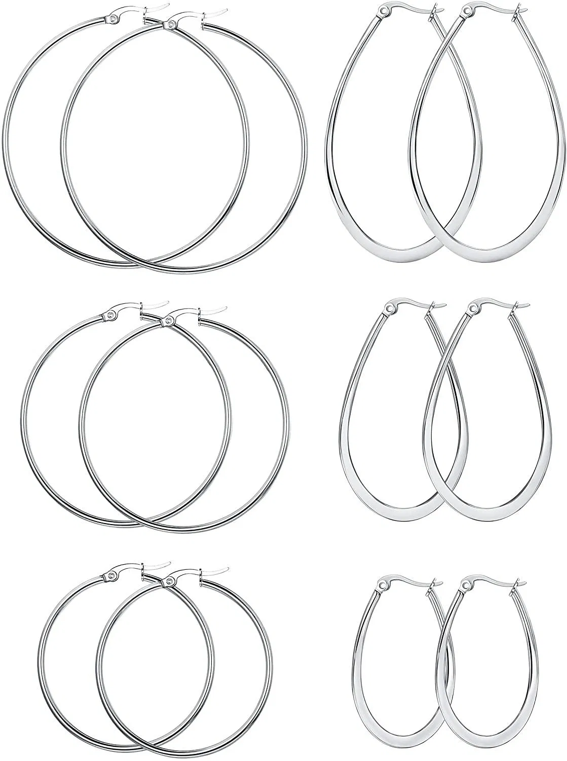 6 Pairs Stainless Steel Hoop Earrings Set for Women 40-70mm - Grocery
