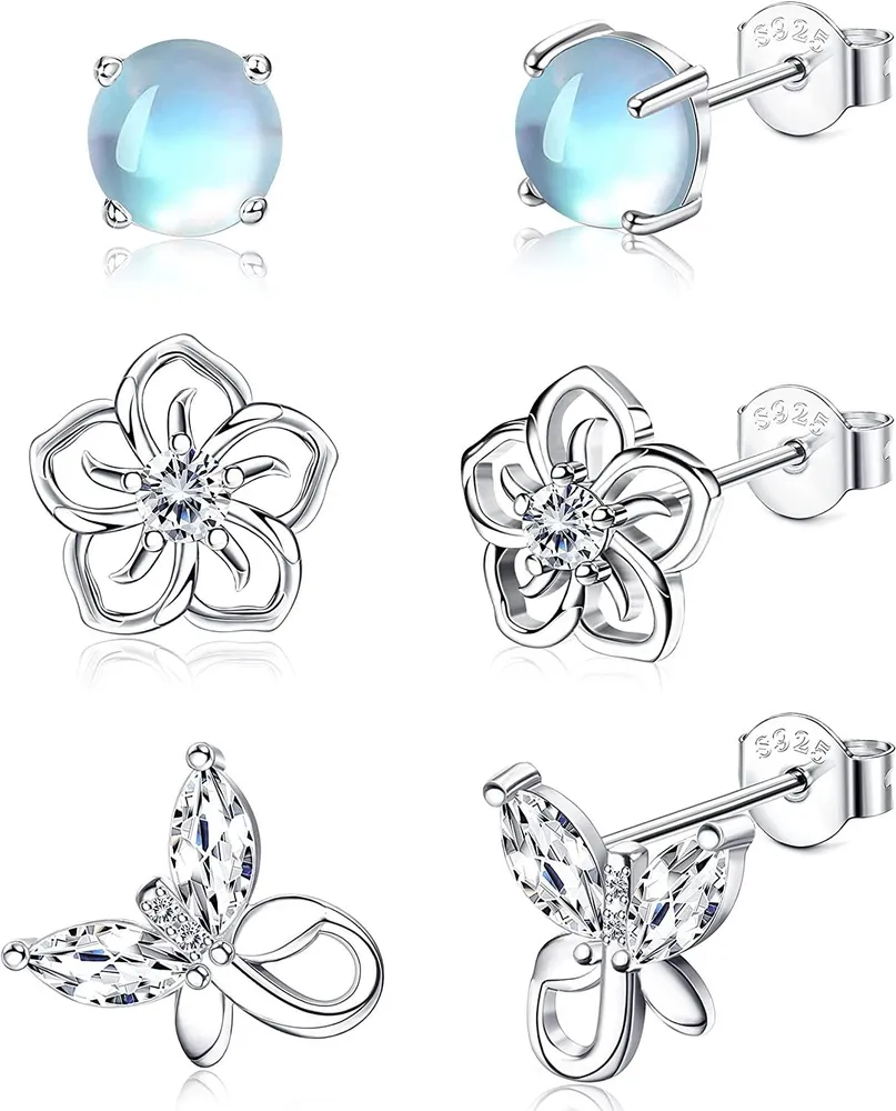 3Pairs Birthstone Earrings 12 Months for Women Hypoallergenic Butterfly Flower Stud Earrings for Birthday Gift - Grocery
