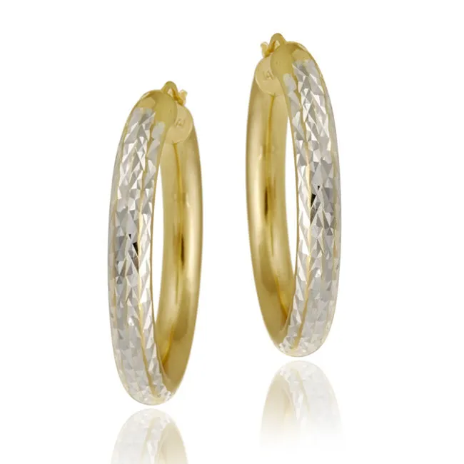 18K Gold over Sterling Silver Two-Tone 35mm Diamond Cut Hoop Earrings - Grocery