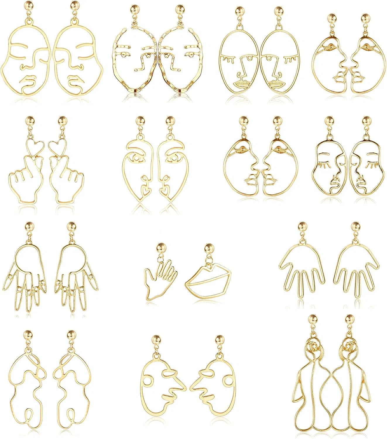 14 Pairs Face Earrings for Women Egirl Hollow Abstract Art Earring with Weird Face Hand Abstract Art Design - Grocery