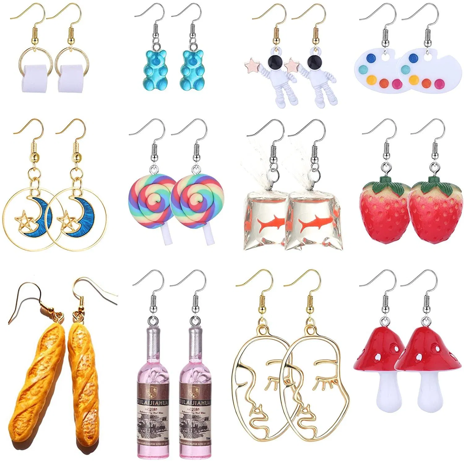 12Pairs Cute Funny Cool Weird Earrings Toilet Paper; Water Bottle; Abstract Kawaii Earrings Hand Statement Earrings for Women - Grocery