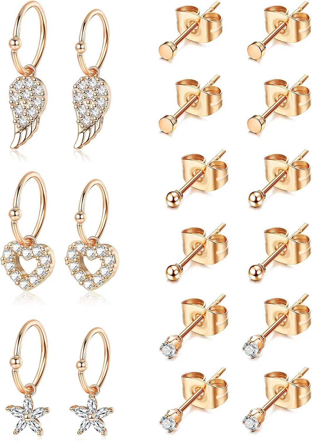 18Pcs 16-20G Feather Heart Flower Hoop Cartilage Earring for Women Men 316L Stainless Tiny CZ Ball Stud Earrings - Grocery