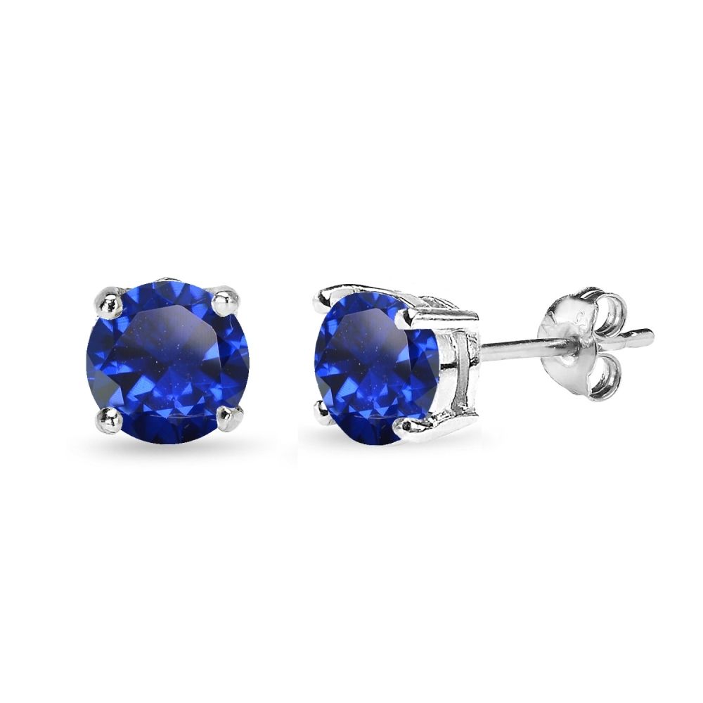 Sterling Silver Created Blue Sapphire 7mm Round-Cut Solitaire Stud Earrings - Grocery