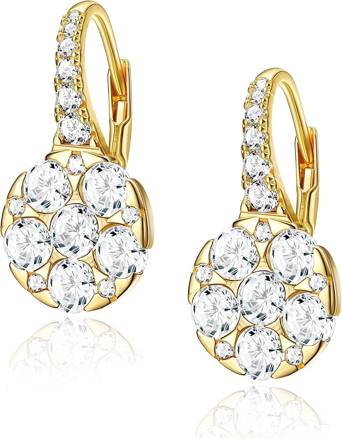 925 Sterling Cubic Zirconia Drop Earrings 18K Gold Plated Round Leverback Earrings Simple Basic Dangle Earrings For Women - Grocery