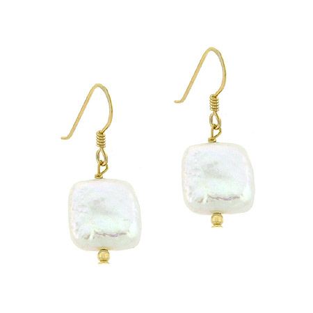 18K Gold over Sterling Silver Freshwater Cultured White Coin Pearl Square Dangle Earrings - Grocery