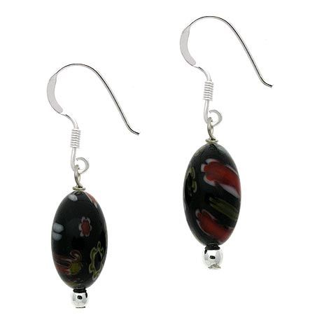 Sterling Silver Black Millefiori Murano Glass Oval Dangle Earrings - Grocery