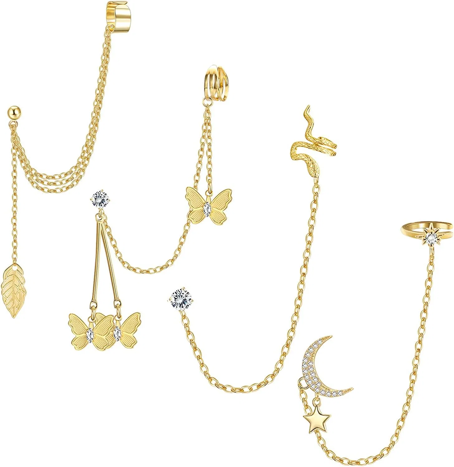 4 Pcs Cuff Chain Earrings Asymmetric Moon Star Leaf Snake Butterfly Tassel CZ Ear Cuff for Women Ear Crawler Drop Dangle Chain Earrings - Grocery