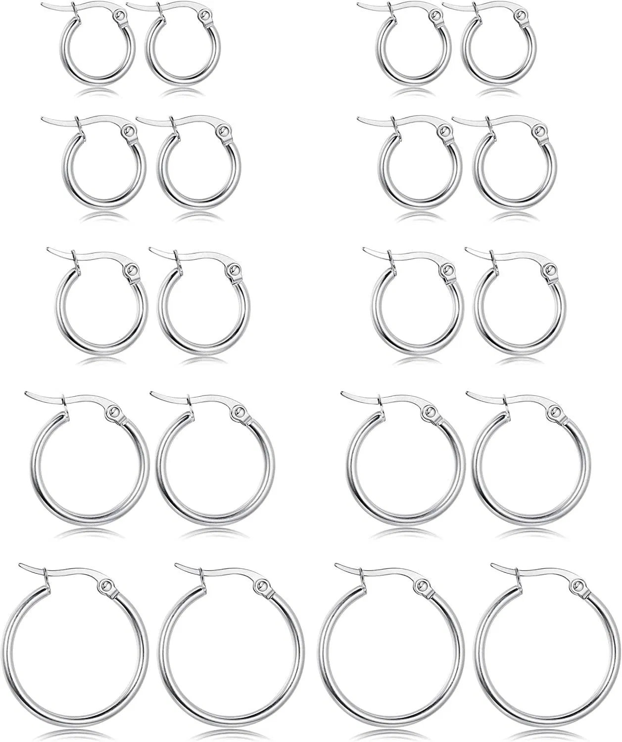 10 Pairs Stainless Small Hoop Earrings Clasp Hoop Rounded Earrings Set for Women Men Nickel Free - Grocery