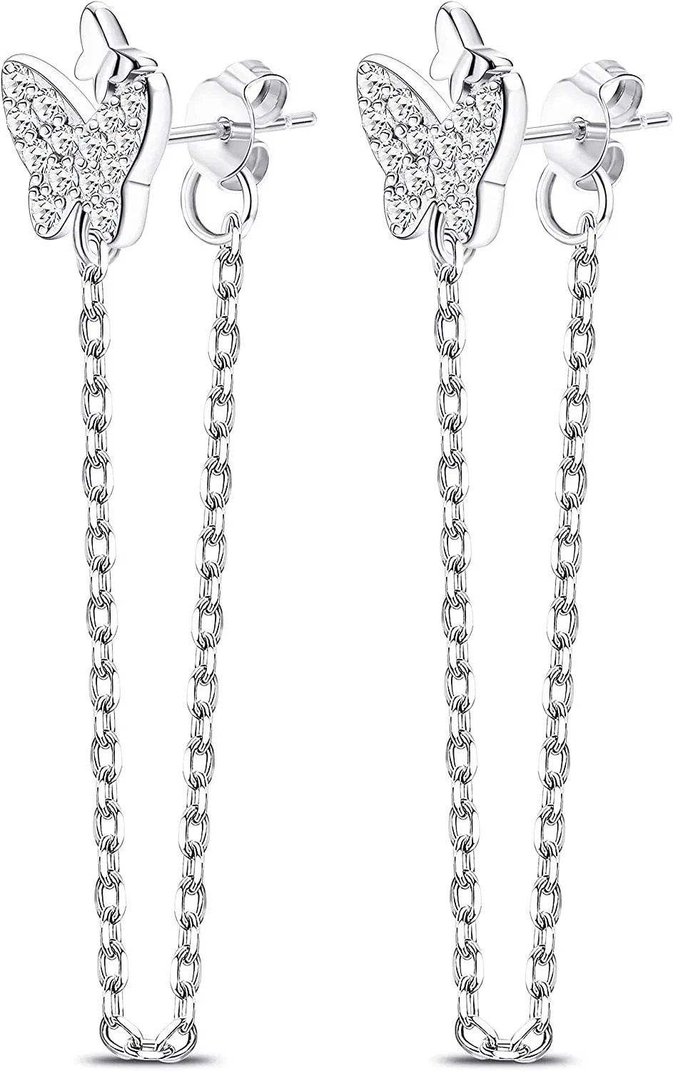 925 Sterling Silver Butterfly Chain Stud Earrings for Women 14K Gold Plated Drop Chain Dangle Earrings Hypoallergenic Jewelry - Grocery