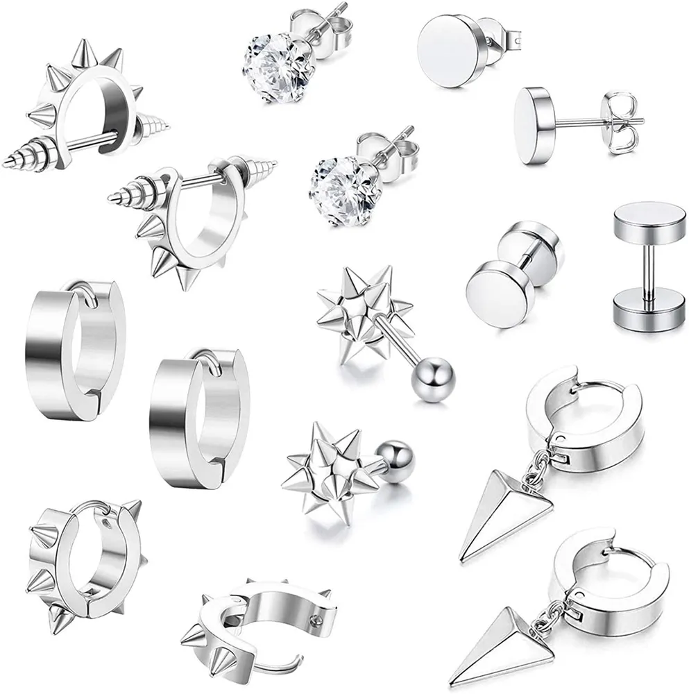 8 Pairs Stainless Stud Punk Earrings for Women Men CZ Huggie Earring Triangle Dangle Small Hoop Earrings Set - Grocery