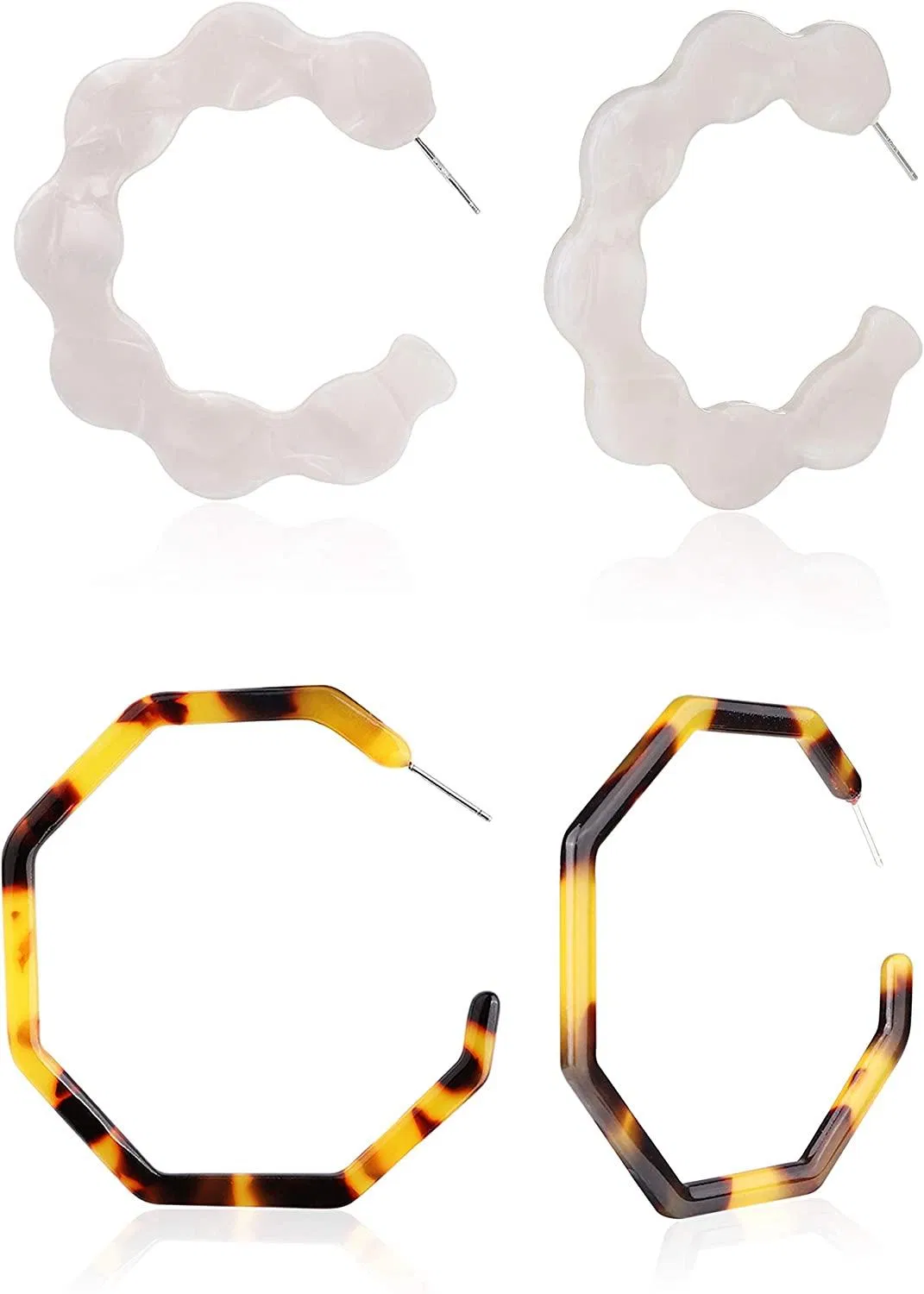 2 Pairs Large Geometric Summer Acrylic Earrings for Women Statement Octagon Hexagon Hoop Earrings Drop Dangle Minimalist Bohemian Resin Jewelry - Grocery