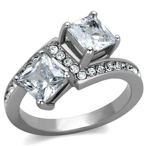 TK2113 - High polished (no plating) Stainless Steel Ring with AAA Grade CZ in Clear - Grocery