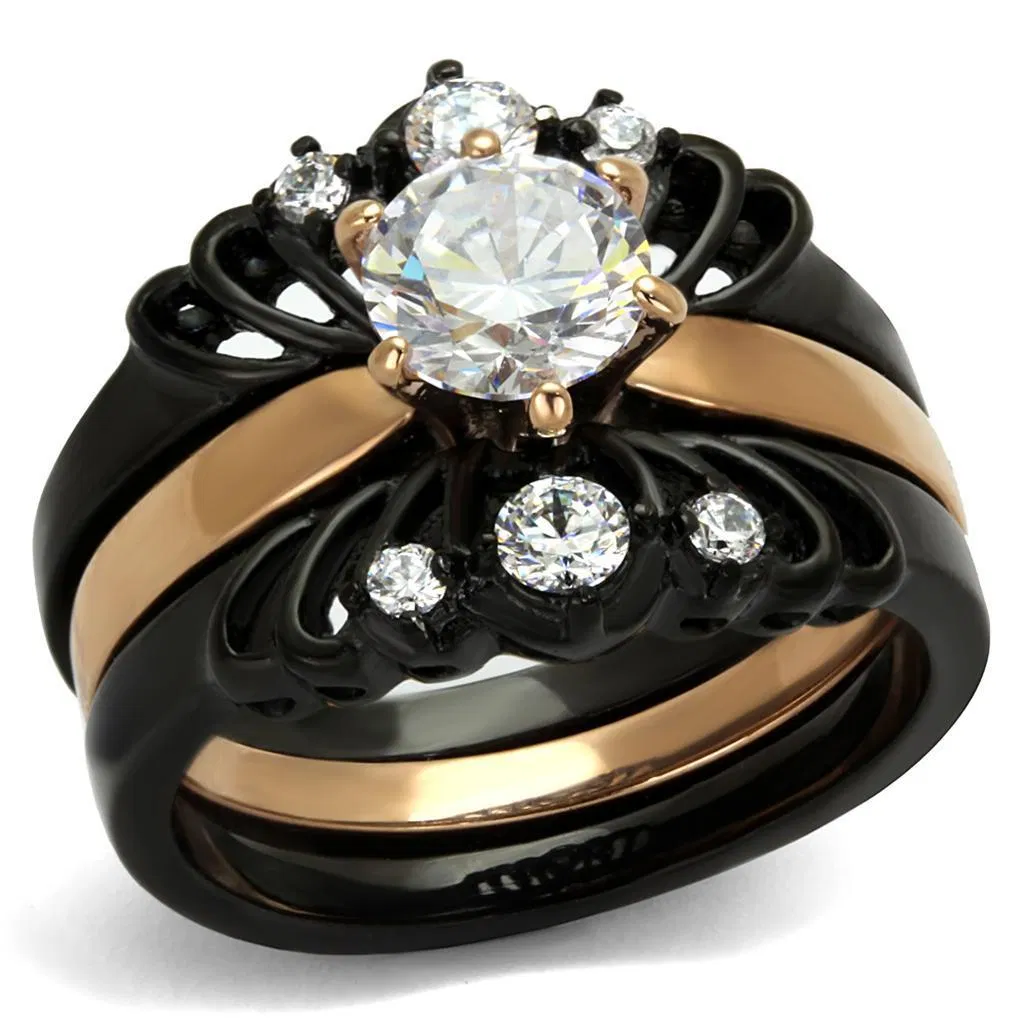 TK2189 - IP Rose Gold+ IP Black (Ion Plating) Stainless Steel Ring with AAA Grade CZ in Clear - Grocery