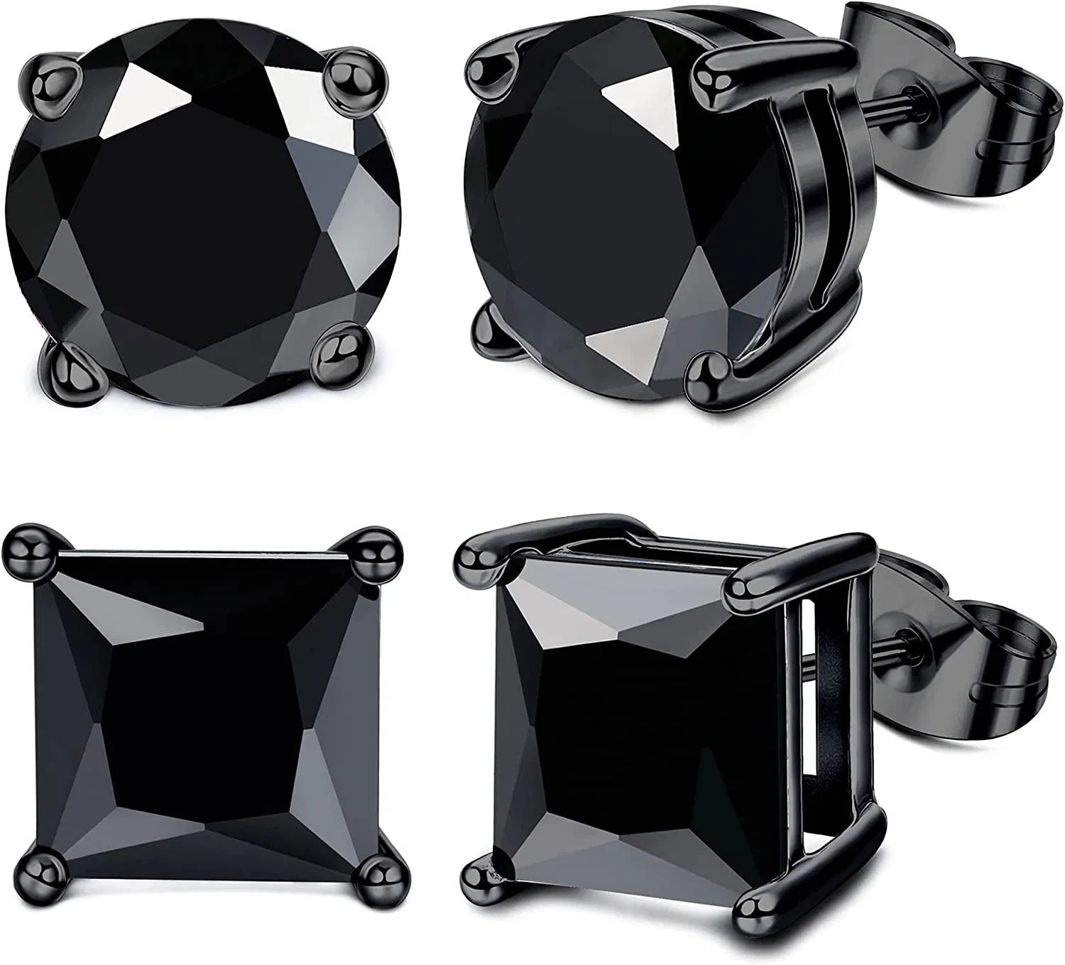 2 Pairs 20G Stainless Stud Earrings for Mens Womens Clear Cubic Zirconia Black CZ Stud Earrings Pierced Earrings 6/8mm - Grocery