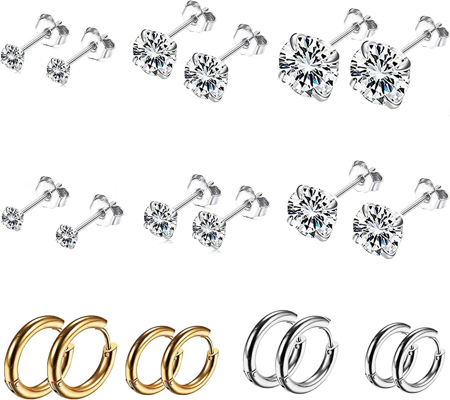 10Pairs Stainless Stud Earrings Set for Men Women Cubic Zirconia Studs Cartilage Earrings Small Mini Hoops Earrings Tragus Helix Piercing - Grocery