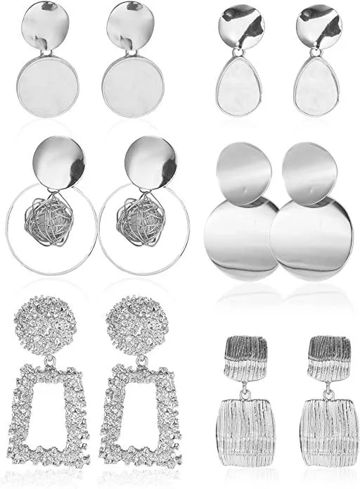 6Pairs Clip On Dangle Earrings for Women Geometric Statement Non Pierced Ear Clips Bohemian Golden Metal Earrings - Grocery