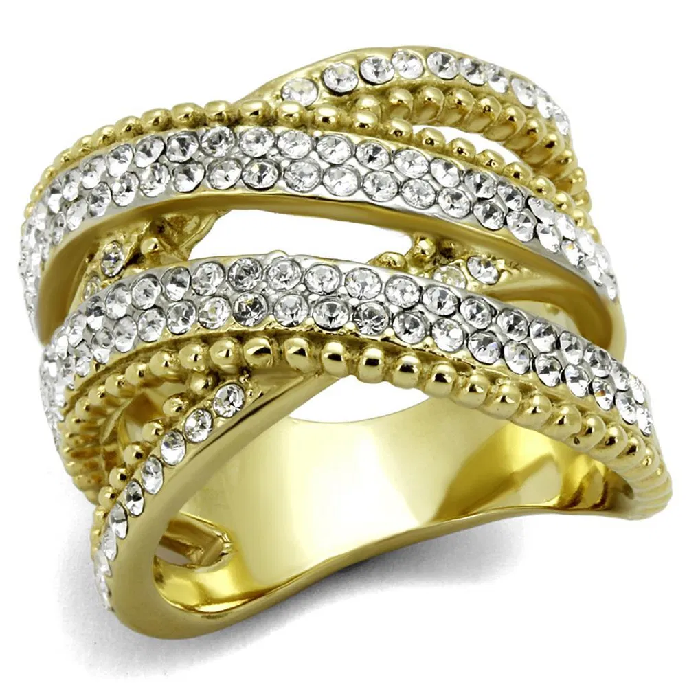 TK2252 - Two-Tone IP Gold (Ion Plating) Stainless Steel Ring with Top Grade Crystal in Clear - Grocery