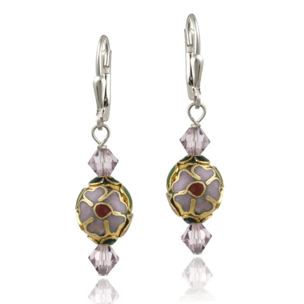 Sterling Silver Swarovski Elements & Lavender Cloisonne Oval Bead Dangle Earrings - Grocery