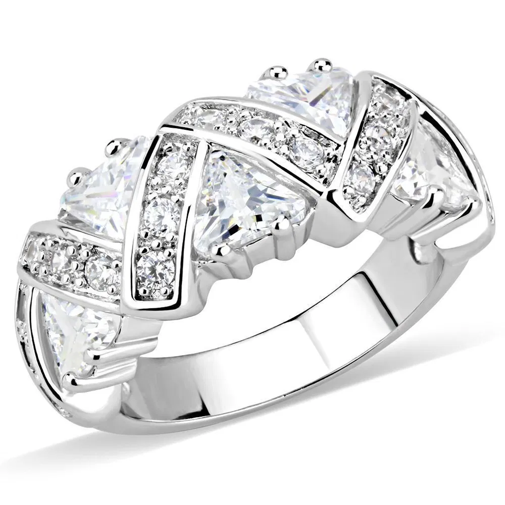 3W1533 - Rhodium Brass Ring with AAA Grade CZ in Clear - Grocery