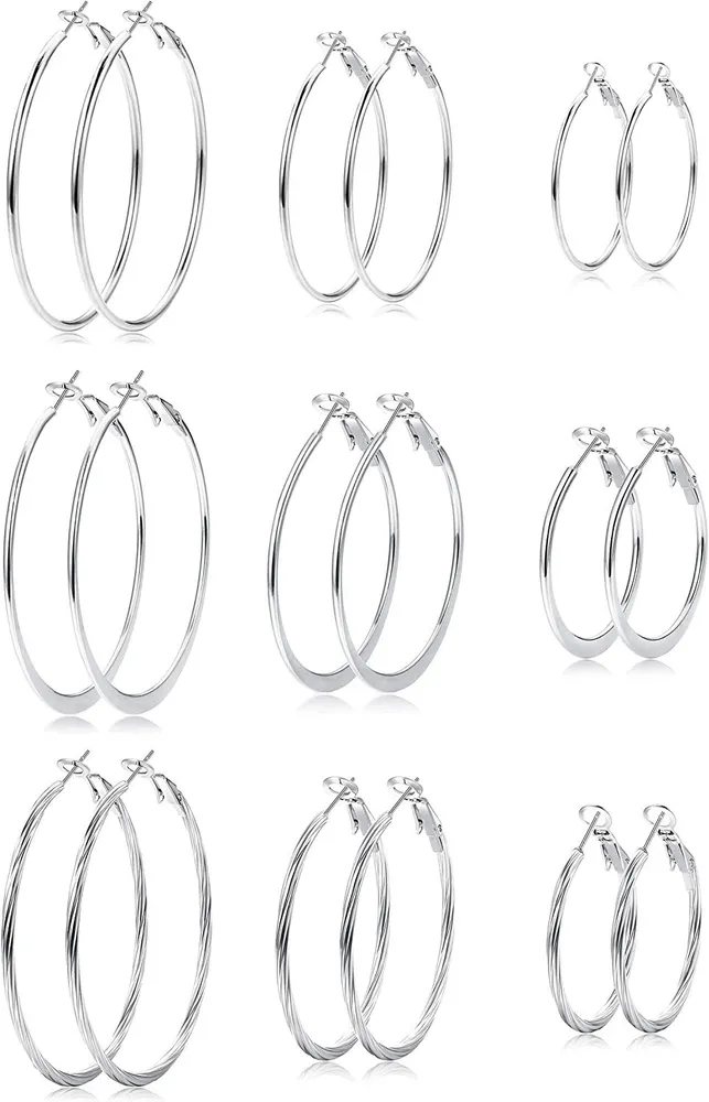 9 Pairs Hoop Earrings for Women Stainles Big Hoop Earrings Set Flattened Twist Hoop Loop earrings 30/40/50MM - Grocery