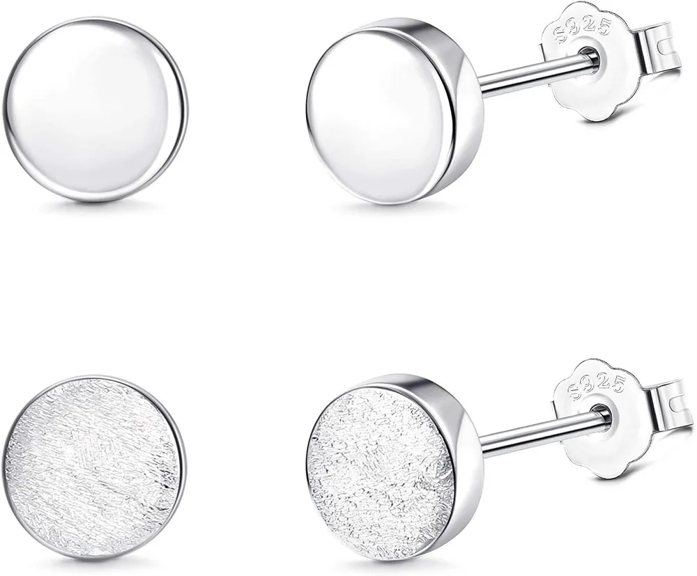 2 Pairs of Small Flat Round 925 Silver Stud Earrings Women Polished and Matt Earrings Set Jewelry - Grocery