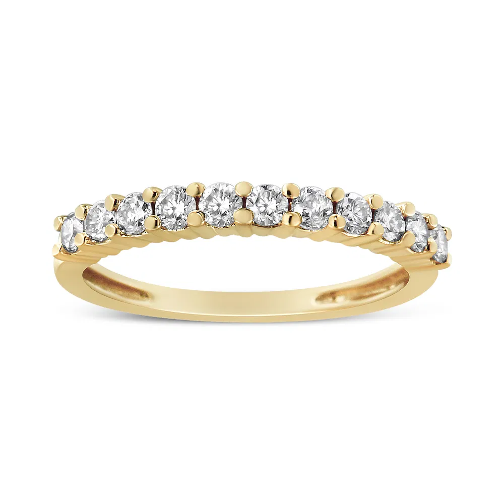 14K Yellow Gold Plated .925 Sterling Silver 1/2 cttw Shared Prong Set Brilliant Round-Cut Diamond 11 Stone Band Ring (J-K Color, I1-I2 Clarity) - Grocery