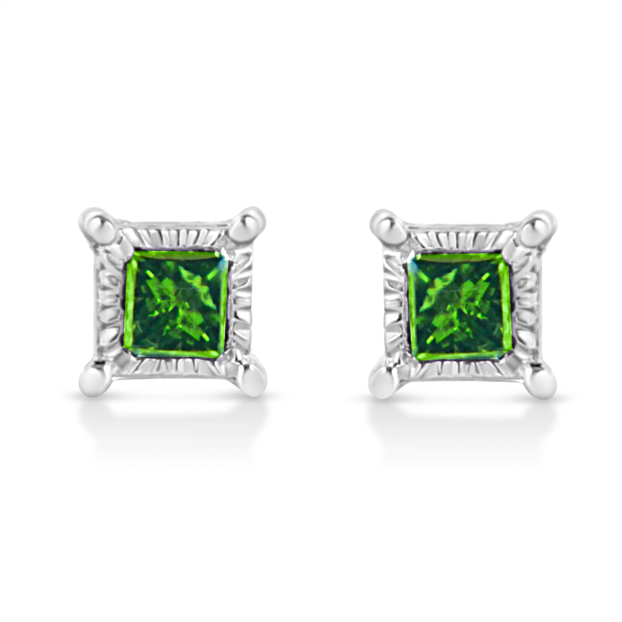 .925 Sterling Silver 1/10 Cttw Miracle Set Princess-Cut Treated Green Diamond Stud Earrings (Green Color, I1-I2 Clarity) - Grocery