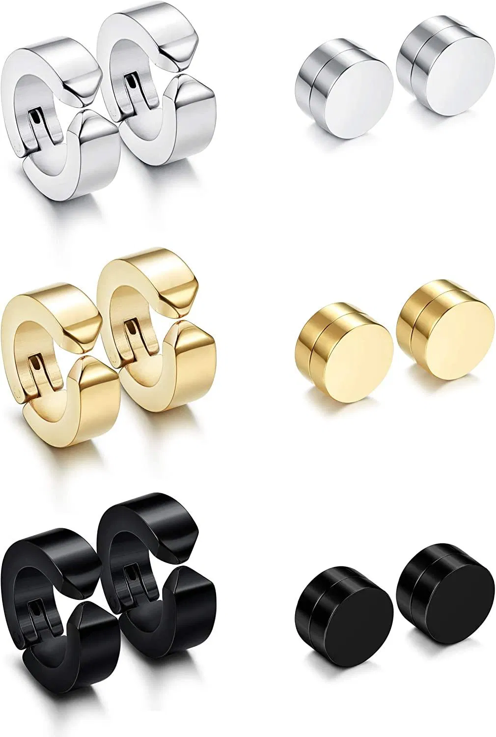 6 Pairs Stainless Hoop Earrings Magnetic Fake Gauges Ear Studs Non-pierced Clip On Huggie Cuff Earrings Set for Men Women - Grocery