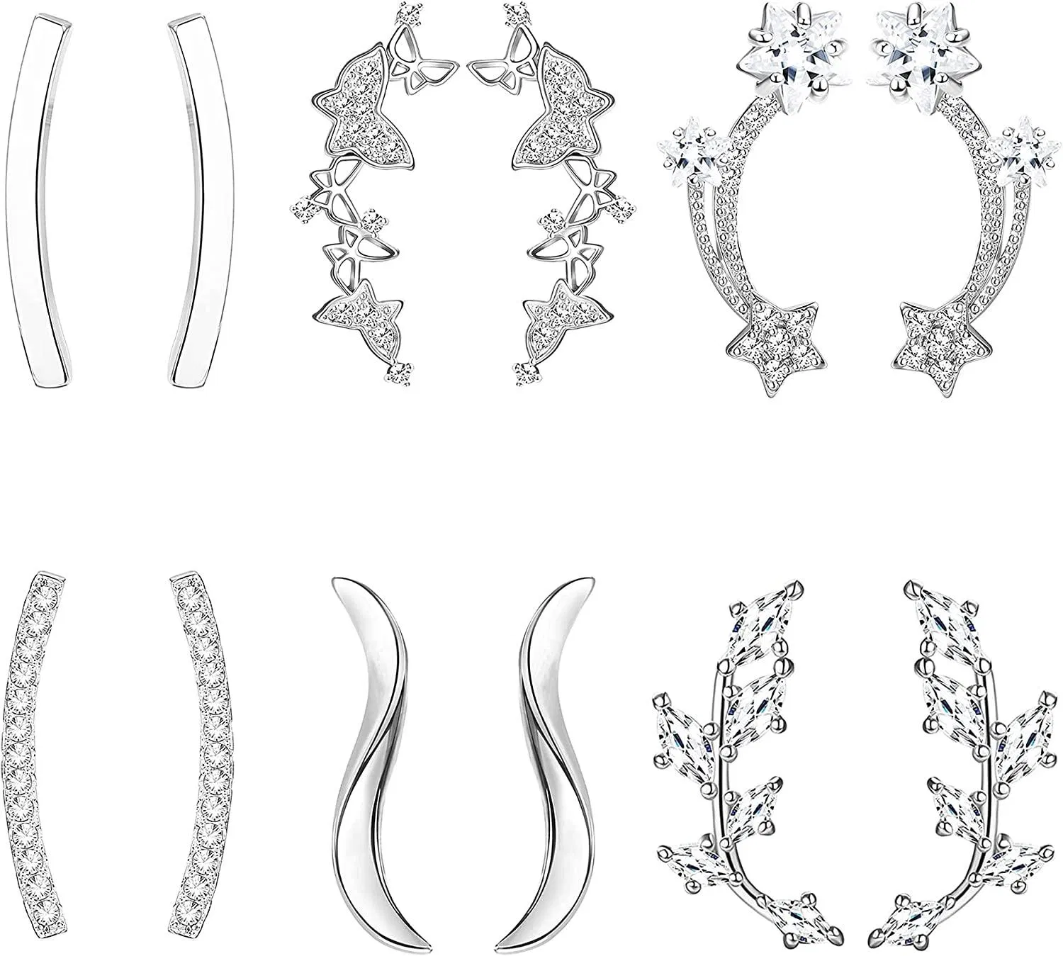 6 Pairs Ear Climbers Earrings for Women Crawler Earrings CZ Star Butterfly Ear Cuffs for Women - Grocery