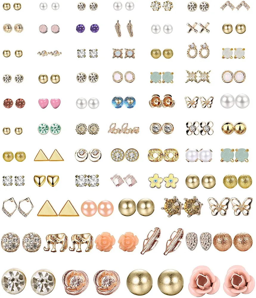 72 Pairs Assorted Multiple Stud Earrings for Women Simple Cute Ball Triangle CZ Earrings Set Gold-Tone - Grocery