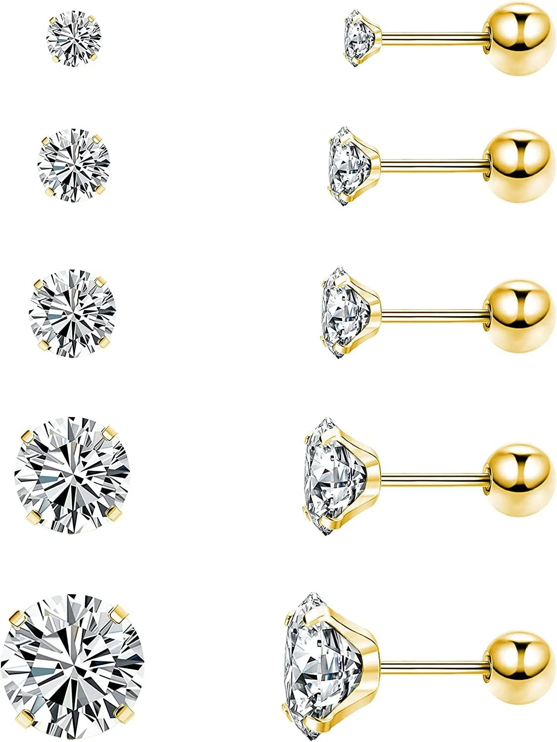 CZ Stud Earrings for Women Men 3-8MM Round Cubic Zirconia Earring Studs Surgical Cartilage Helix Tragus Stud Earring Set 5 Pairs - Grocery