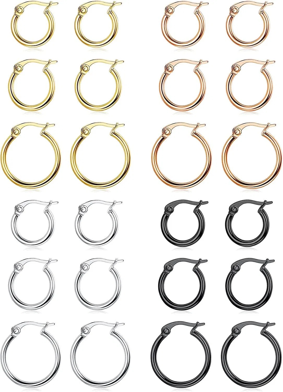 12Pairs Small Hoop Earrings For Women Men Hypoallergenic Stainless Steel Earrings Clasp Nickle Free Earrings Set 10/12/14/16/20/25mm - Grocery