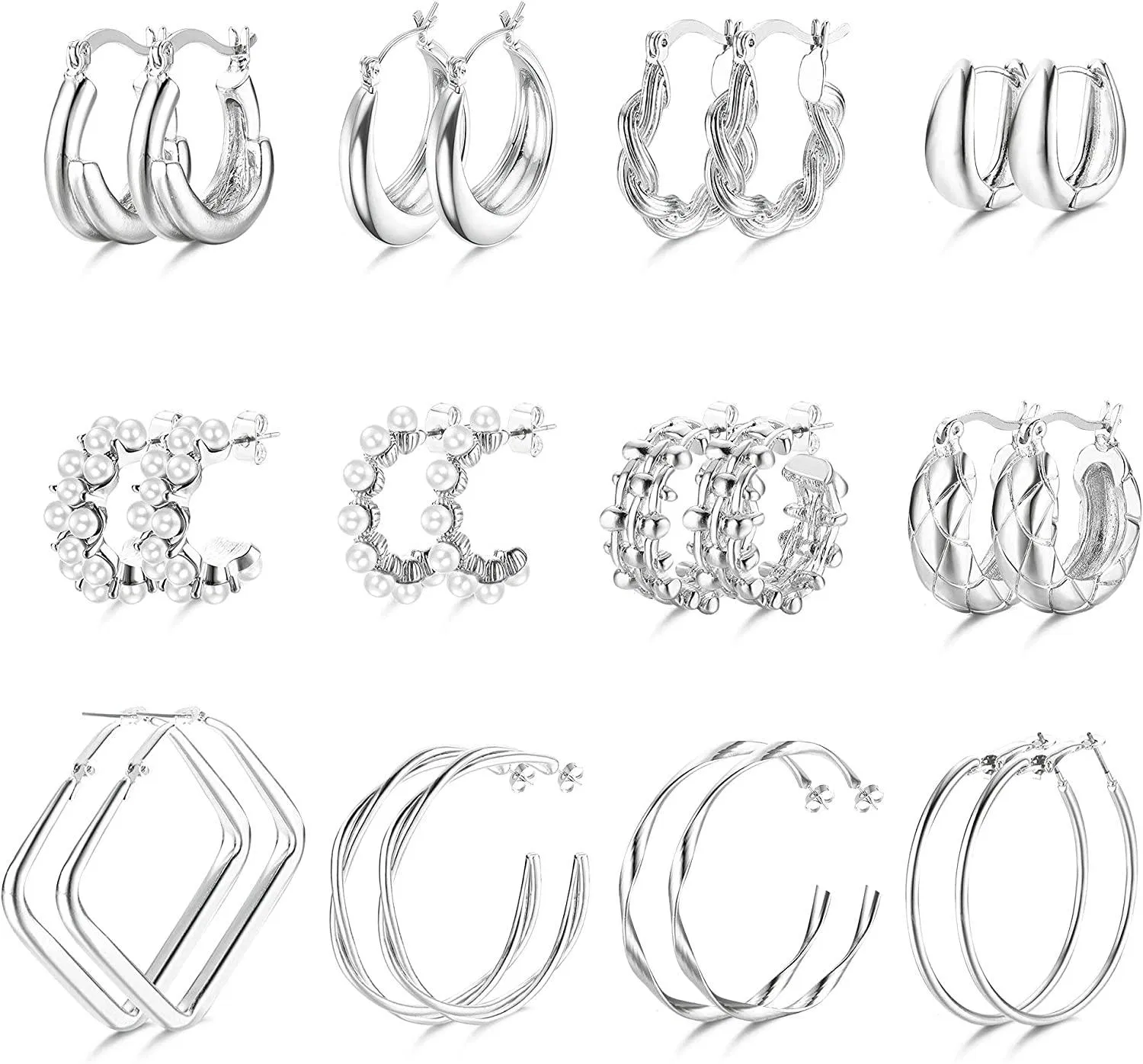 12 Pairs Silver/Gold Hoop Earrings Set for Women Big Twisted Round Chunky Hoop Earrings Small Thick Open Huggie Hoops Jewelry - Grocery
