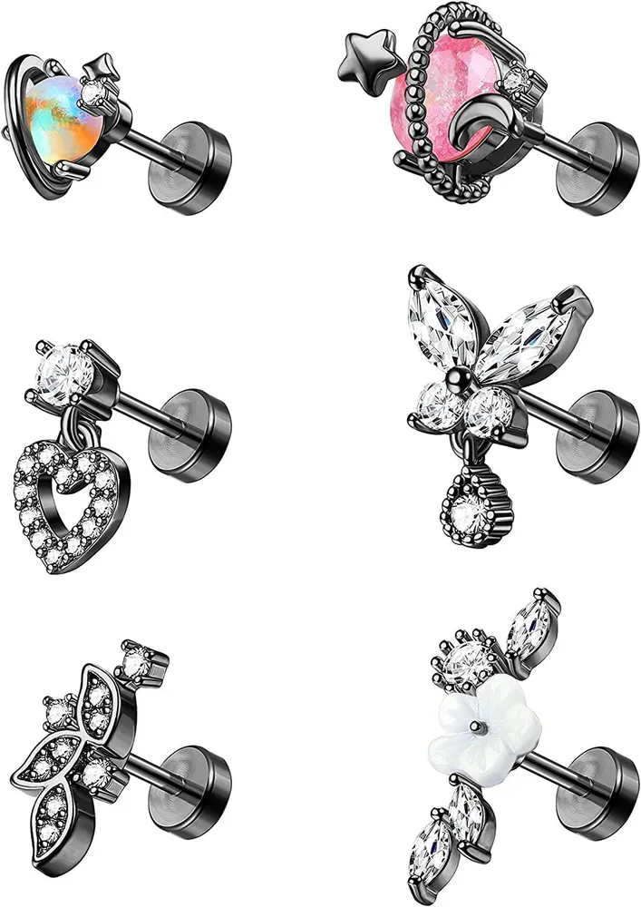 Stainless Front Spiral Pierced Stars Moon Butterfly Spiral Earrings Helix Cartilage Stud Pierced Jewelry - Grocery