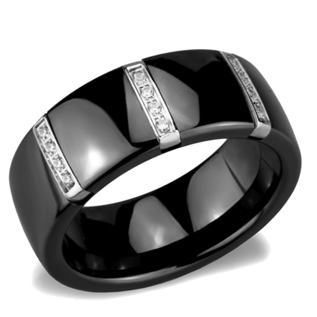 3W956 - High polished (no plating) Stainless Steel Ring with Ceramic in Jet - Grocery