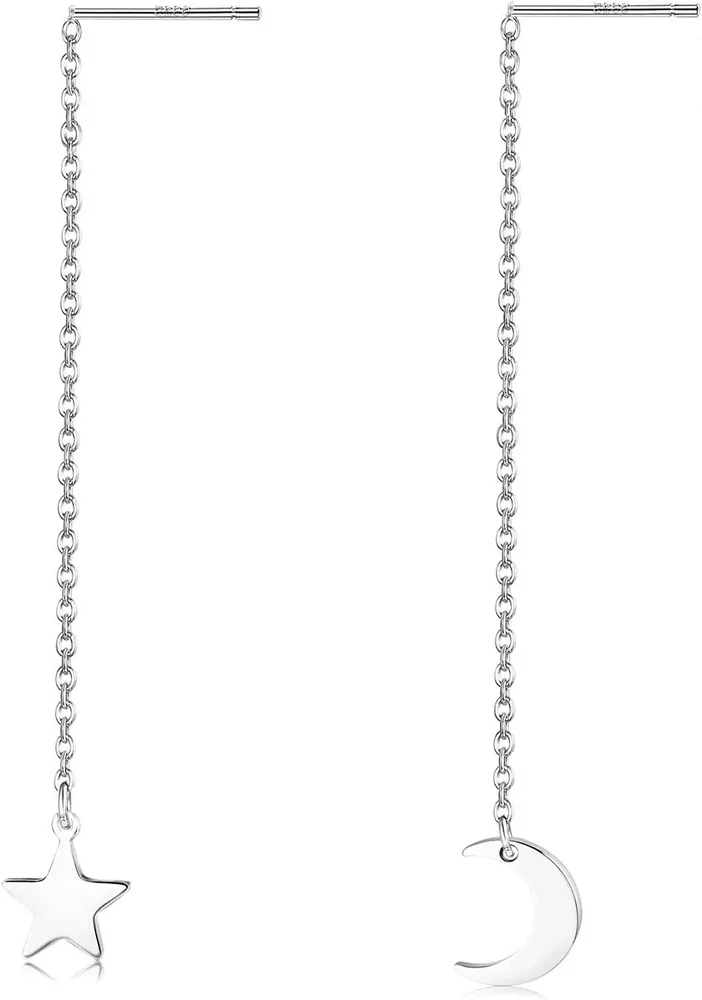 Sterling Silver Long Chain Threader Earrings For Women Moon Star Tassel Earrings Drop Dangle Hypoallergenic Earrings Lightweight - Grocery