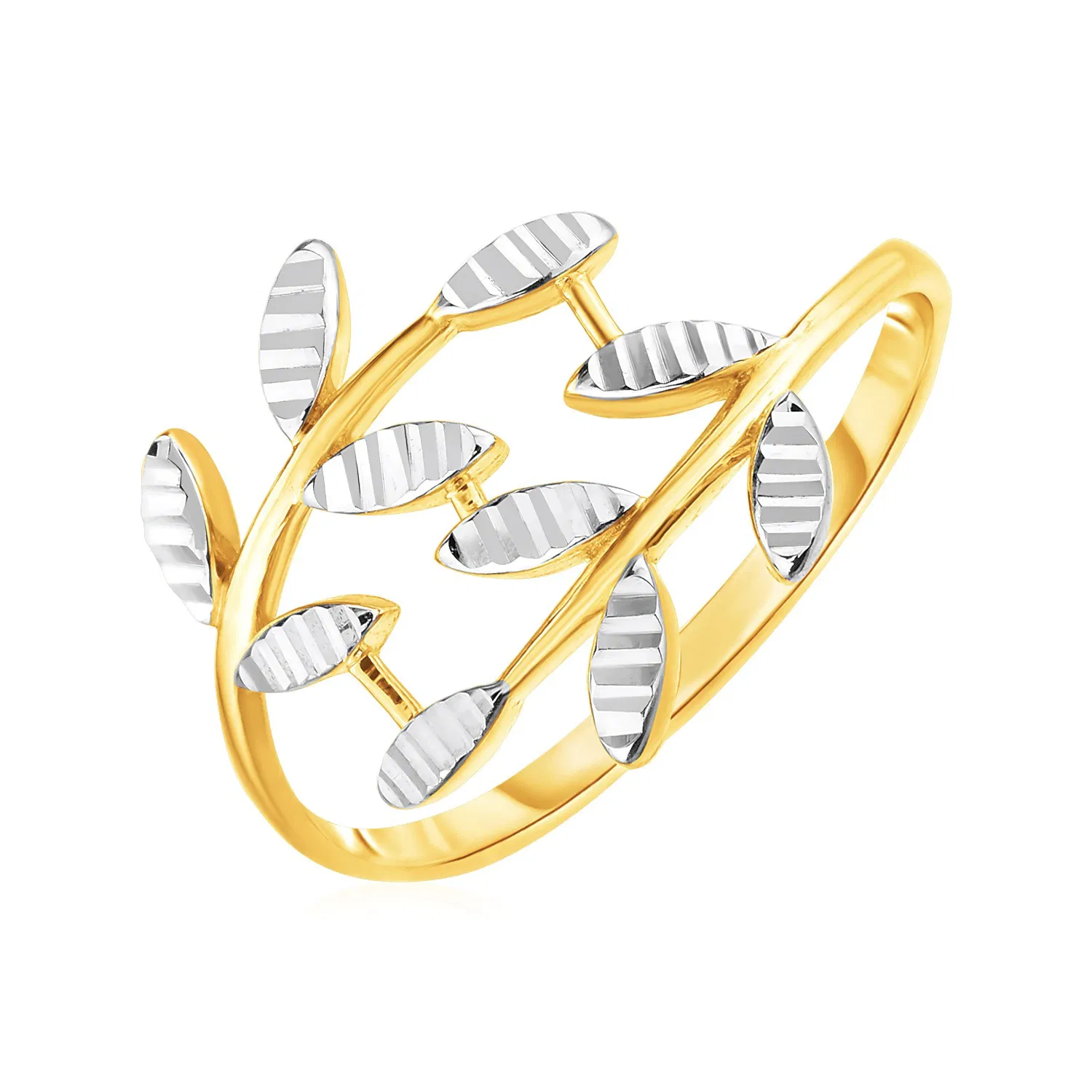 14k Two Tone Gold Crossover Ring with Textured Leaves - Grocery