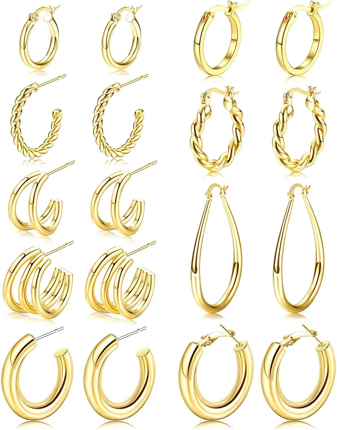 9Pairs Hoop Earrings Set for Women Thick Chunky Hoop Earrings Open Twisted Round Huggie Lightweight High Polished Hoops - Grocery